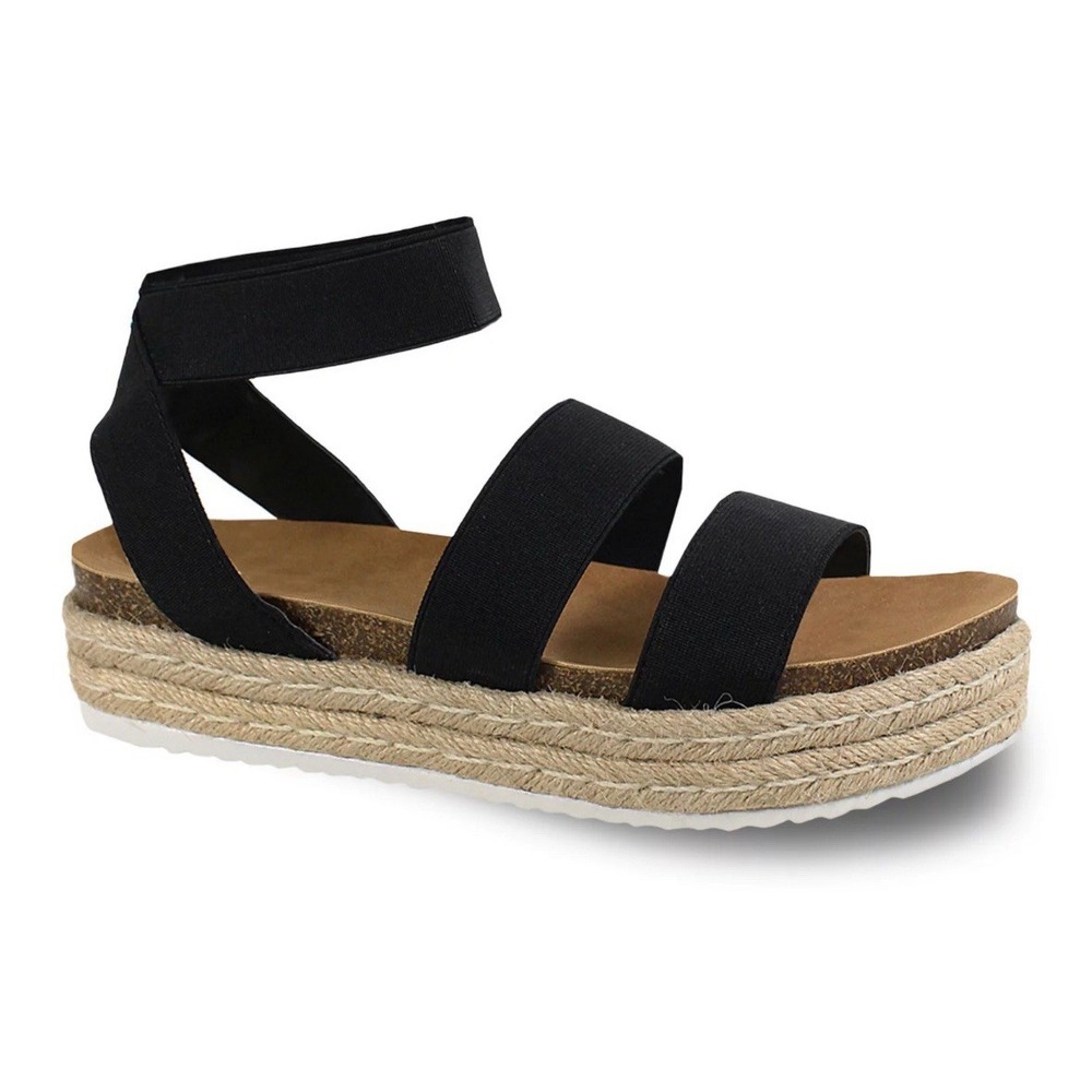 NEW Black Elastic Strappy Platform Espadrille Sandals Flatform Jute Sole sz 5.5